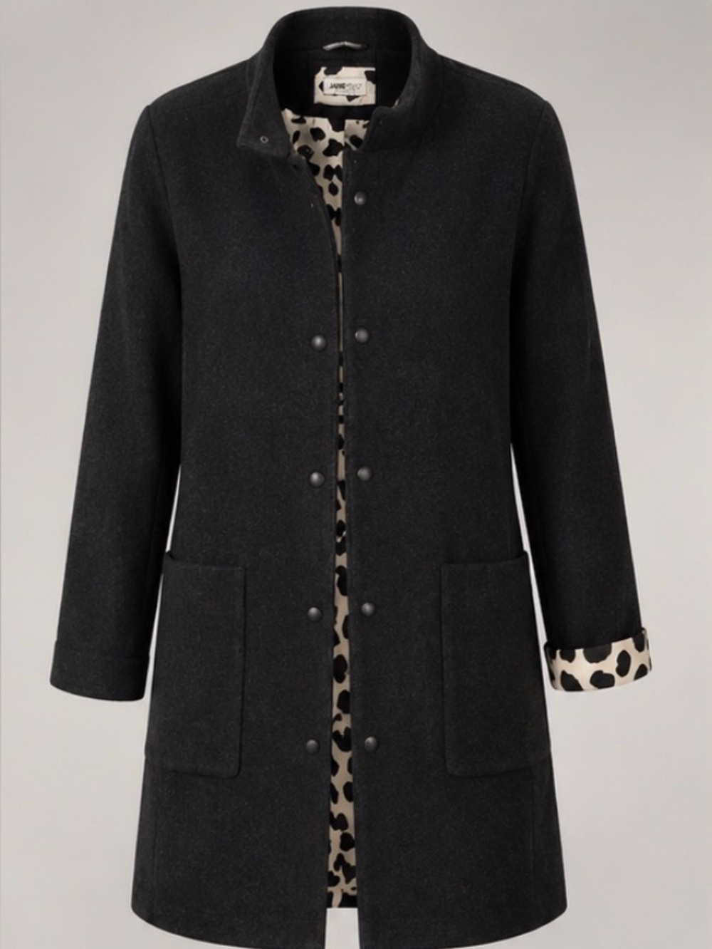 Jane Post Aline Wool Leopard-Lined Black Women's Coat Medium Charcoal Grey